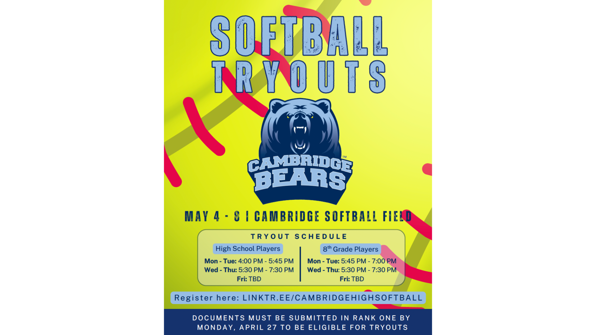 Softball Tryouts Forms Due 4/27